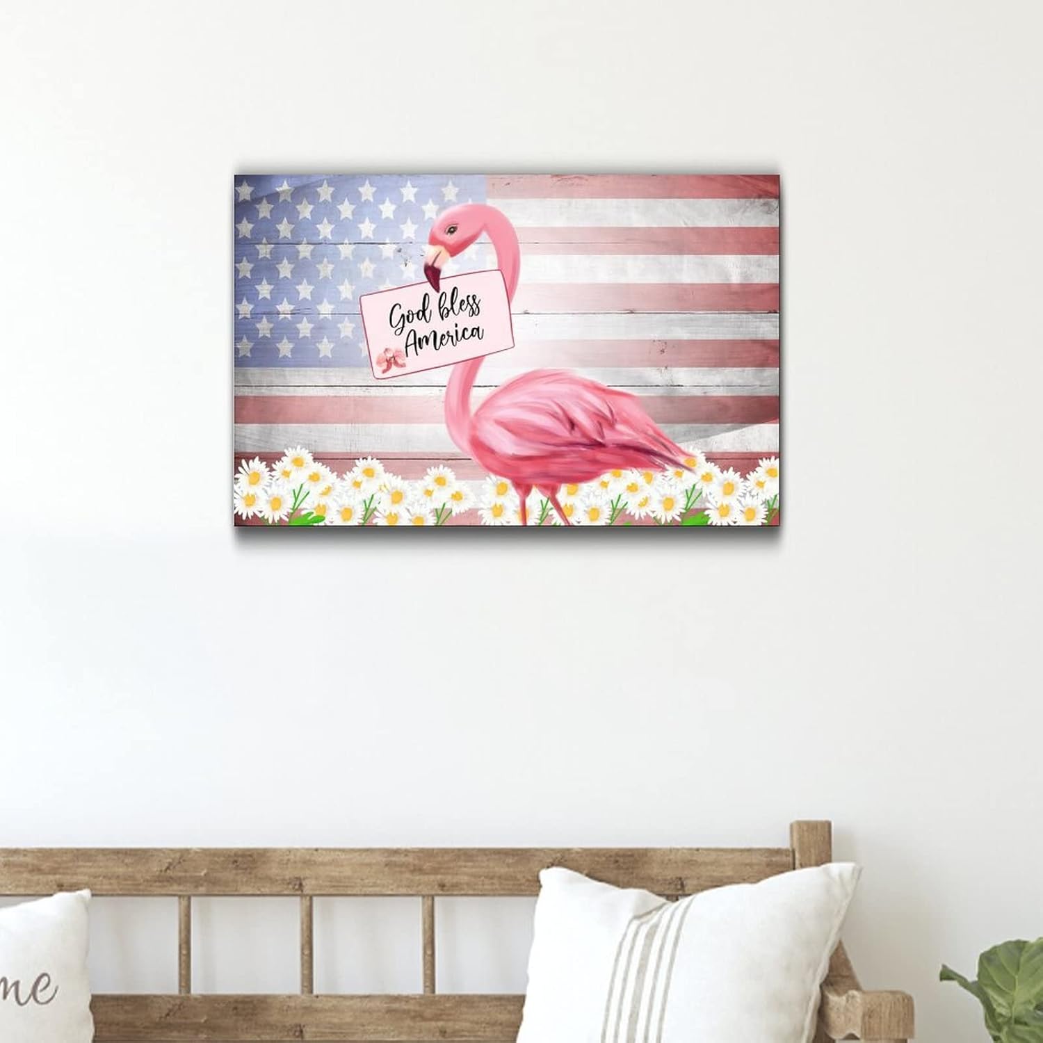 Patriotic Wooden Plaque with America Flag and Pink Flamingo Design