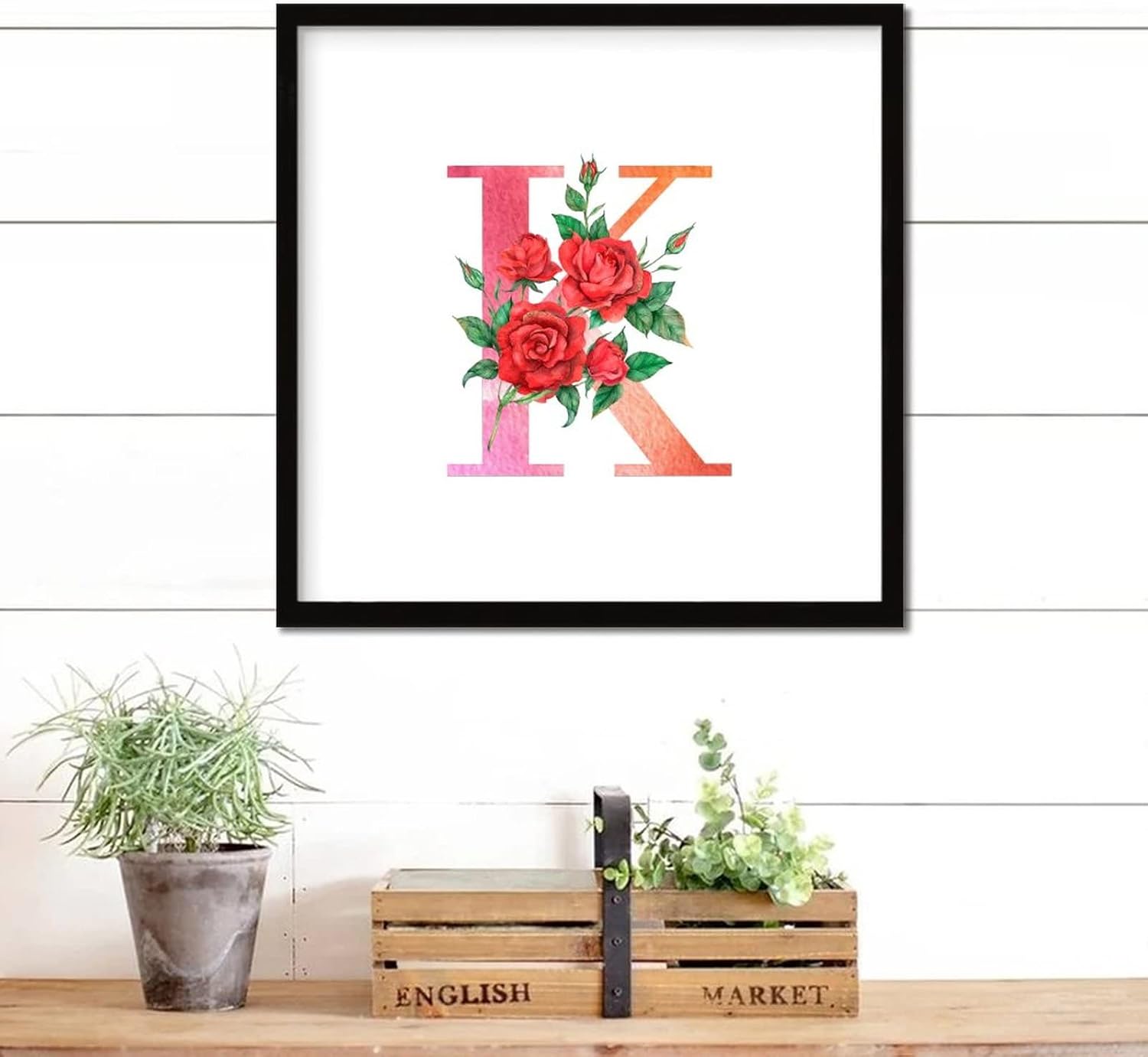 Red Floral Monogram Letter K Framed Wood Sign 12x12 Inch 1