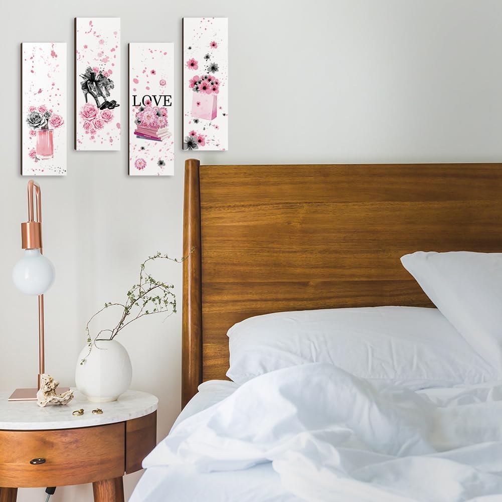 Nbeads 4 Pcs Pink Black Flower Wooden Wall Sign