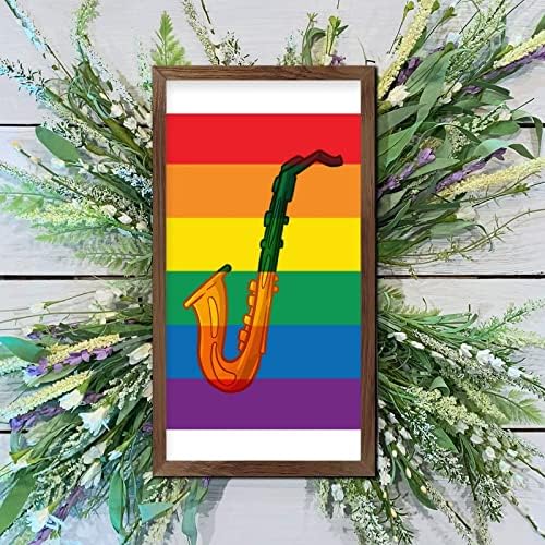 Rainbow Saxophone Wood Framed Wall Sign 22x12 In