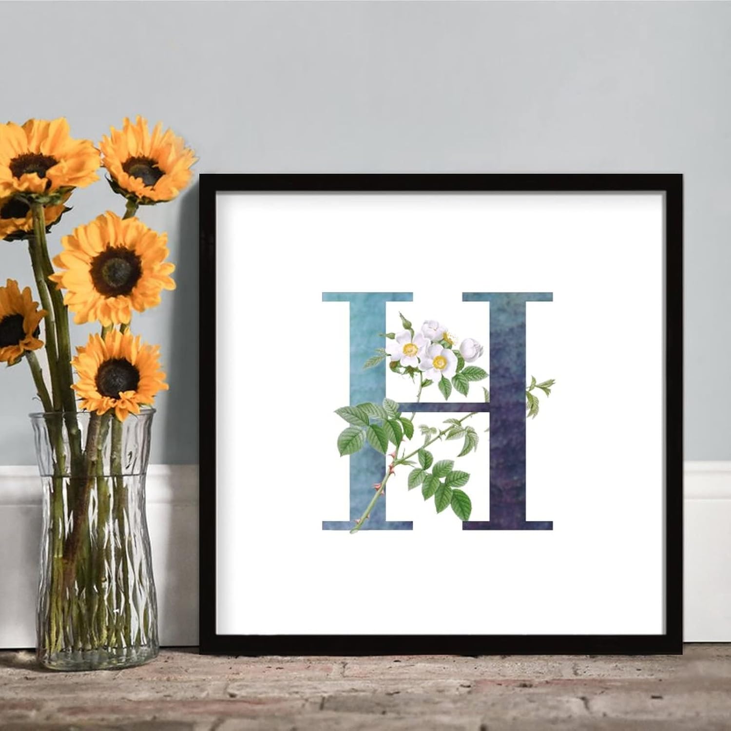 White Flower Dark Green Ink Initial H Wood Framed Sign