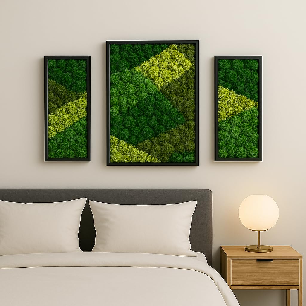 Lagom Green Wall Art Moss Set of 3 Black Frame