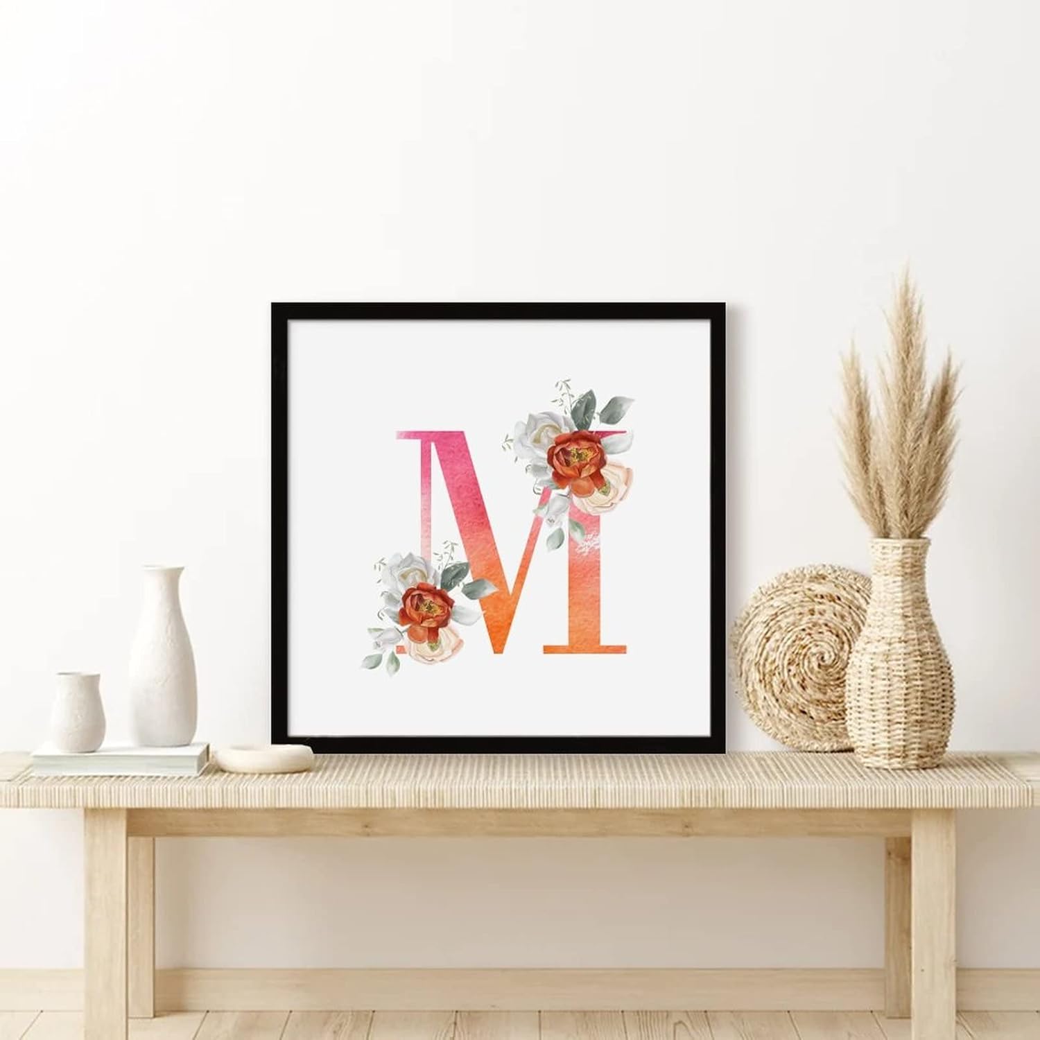 Orange Pink Letter Initial M Monogram Rose Framed Wood Sign 12x12 Inch