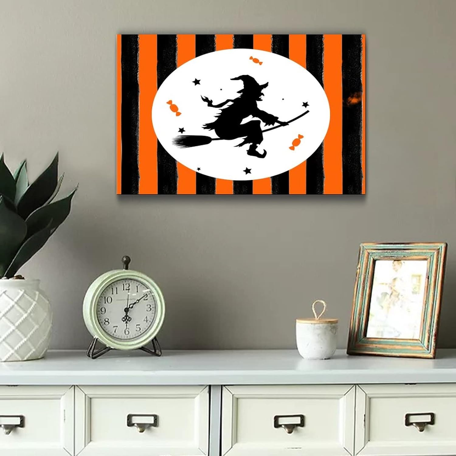 Happy Halloween Wood Plaque with Orange Black Pumpkins and Cat Witch