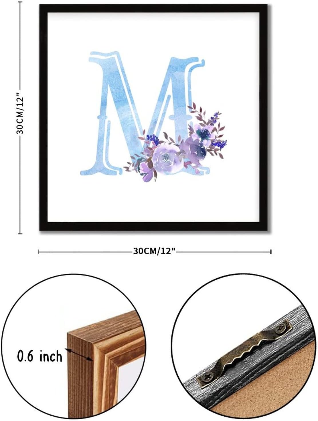 Purple Floral Blue Initial Letter M Wood Sign