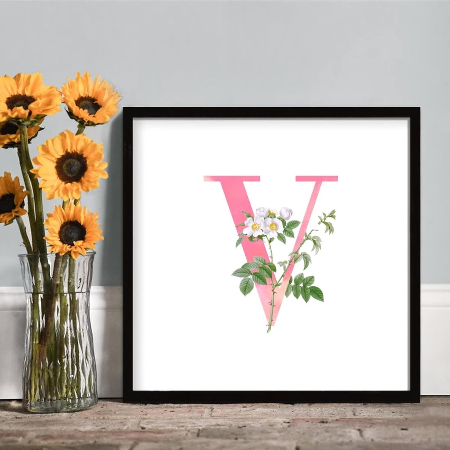 White Flower Pink Letter V Black Framed Wood Wall Sign