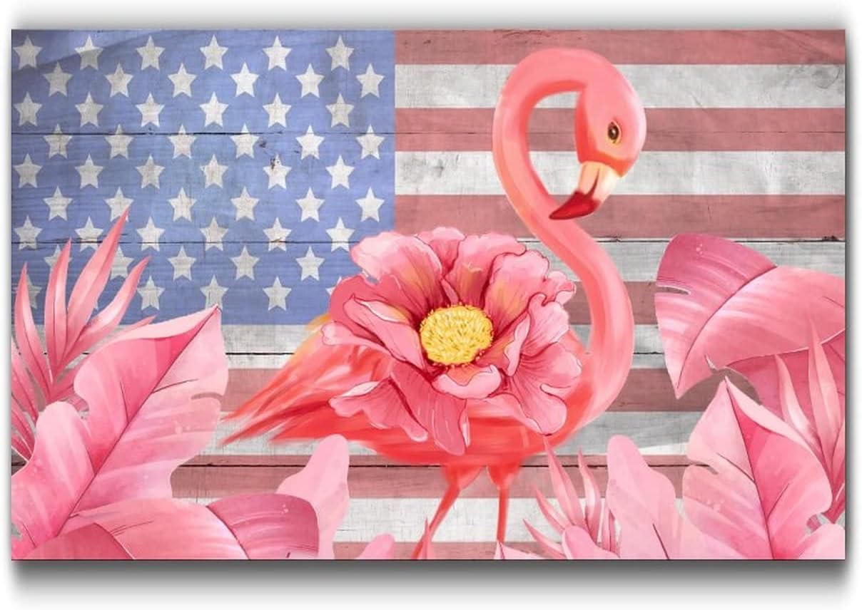 Pink Flamingo Flower 4th of July Wooden Sign