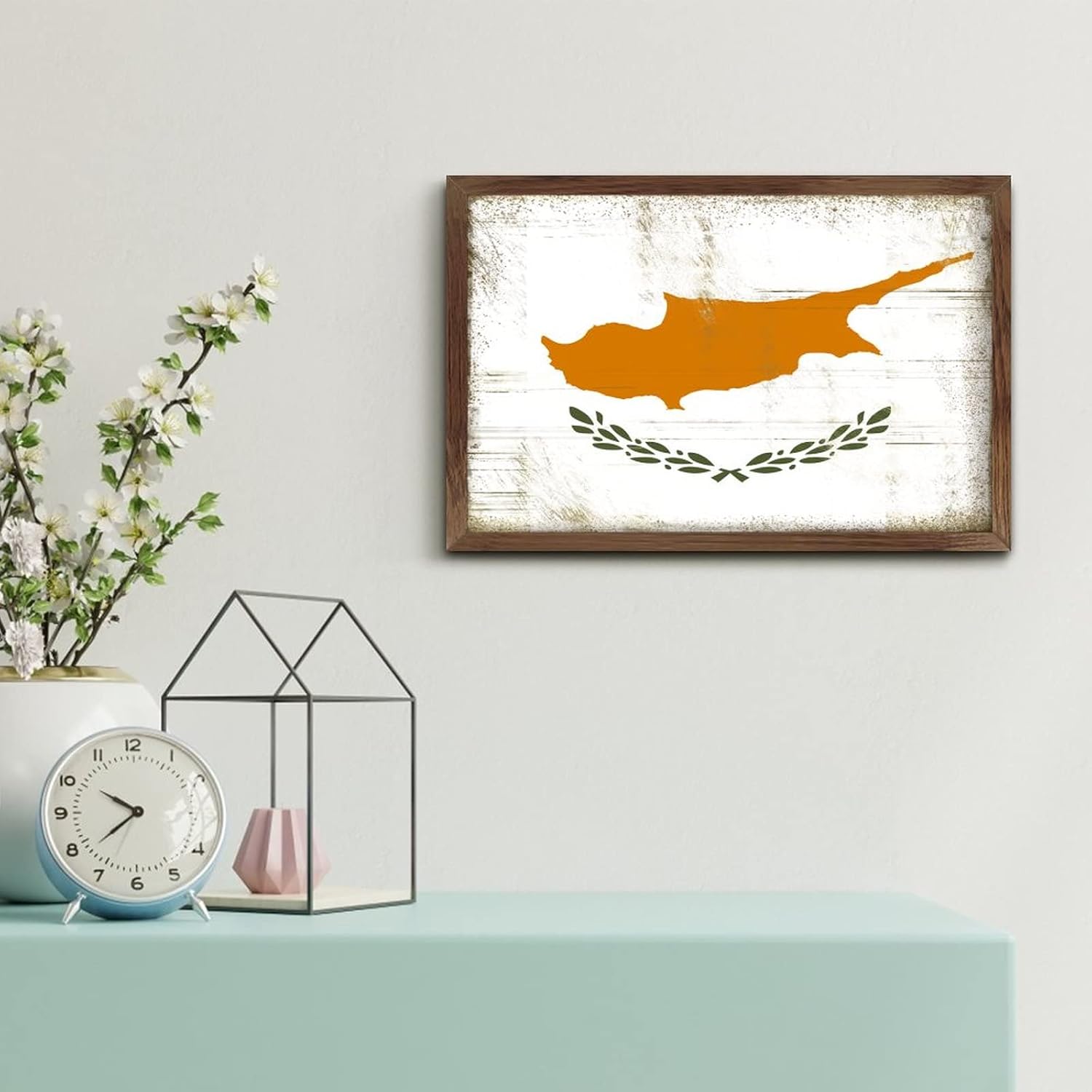 Christmas Farmhouse Decor Cyprus Flag Framed Wood Sign Wall Art