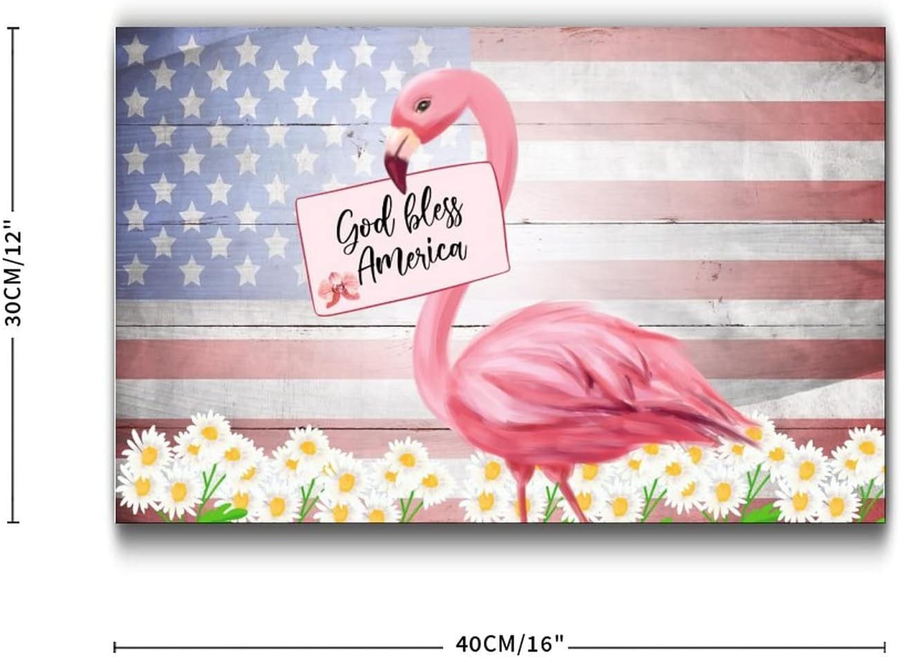 Patriotic Wooden Plaque with America Flag and Pink Flamingo Design