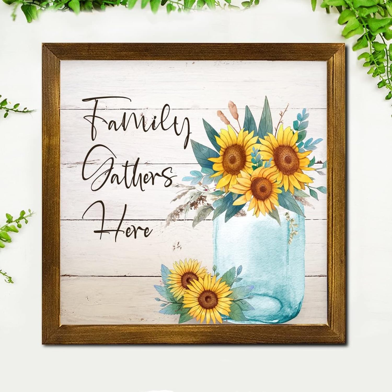 Family Gathers Here 12x12 Inch Farmhouse Wooden Wall Sign