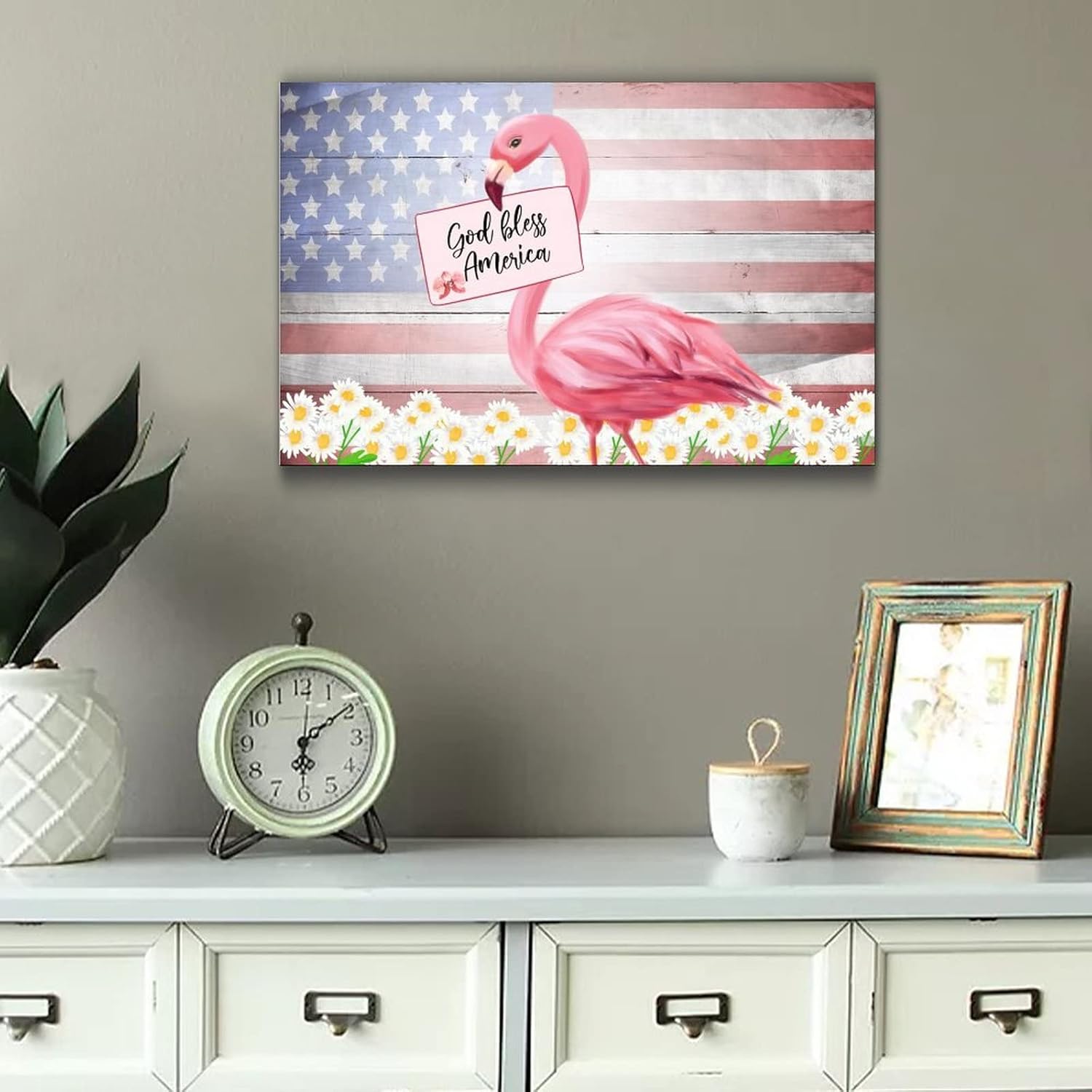 Patriotic Wooden Plaque with America Flag and Pink Flamingo Design