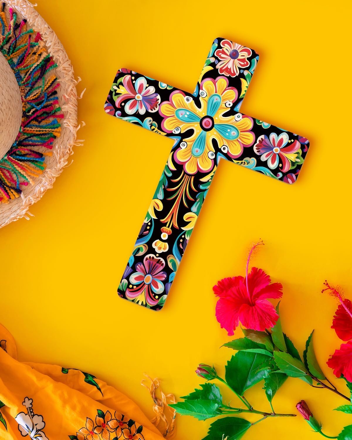 Putuo Decor Mexican Art Wall Cross Decor Orange Flower