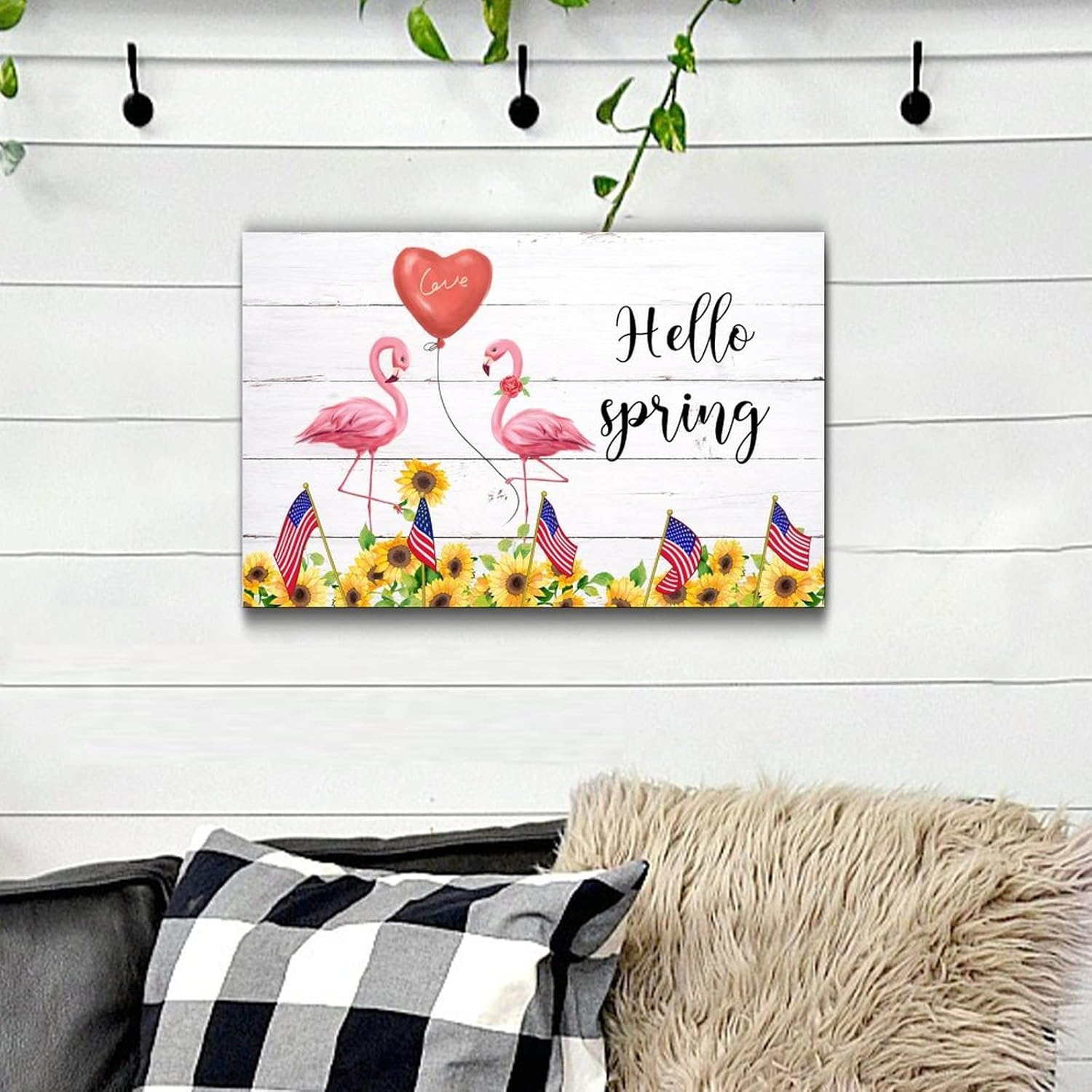Wooden Flamingo Happy Life Sunflower Wall Hanging