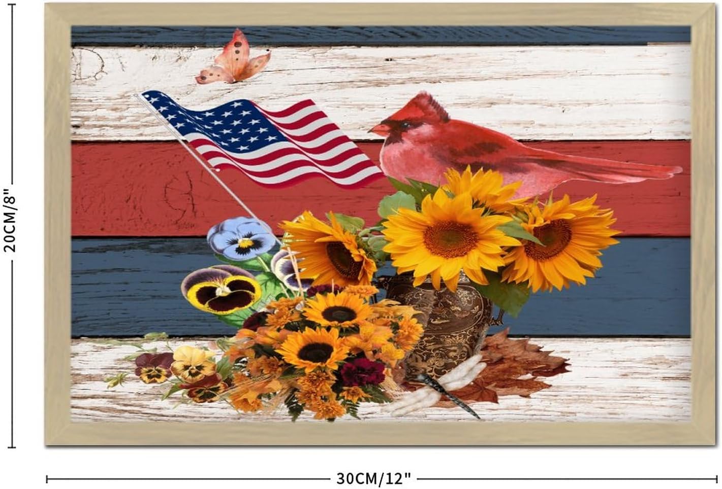 4th of July Patriotic Sunflower Cardinal Framed Wooden Sign 8x12in