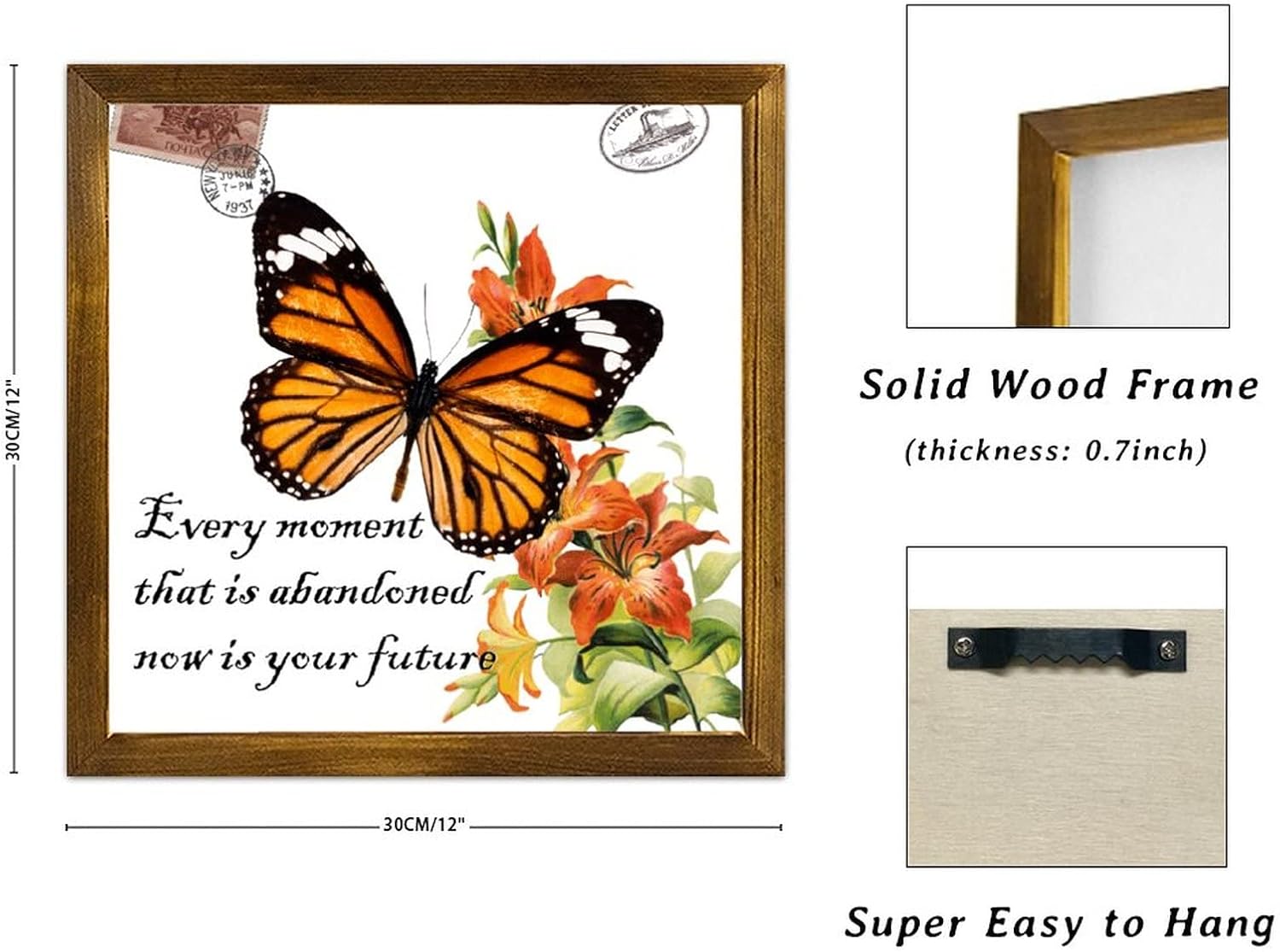 Orange Butterfly Framed Wood Wall Sign 12x12in