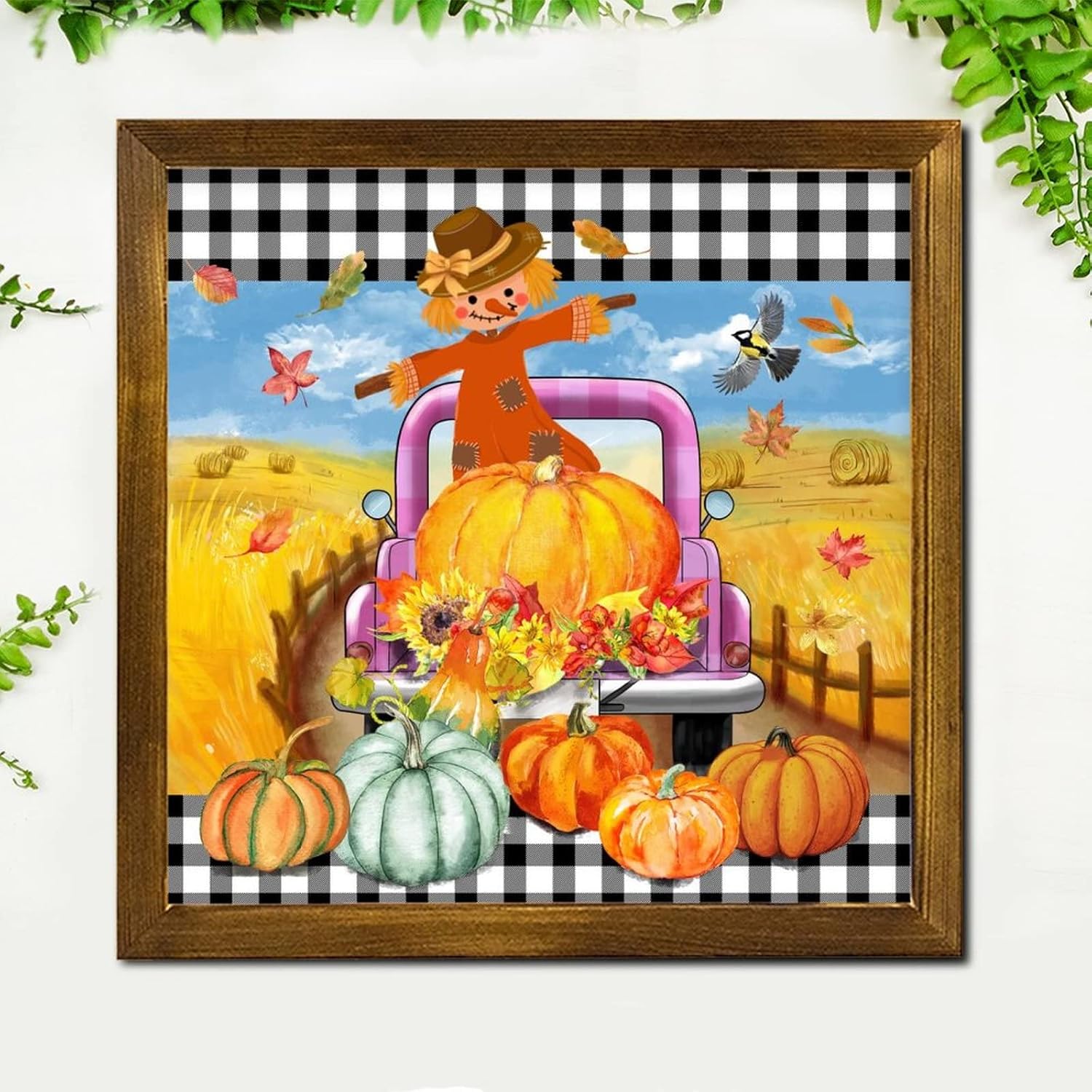 Thanksgiving Scarecrow Plaid Truck Framed Wood Sign