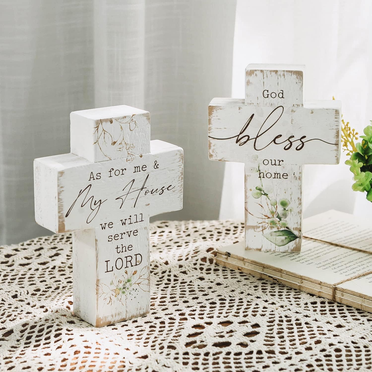 Wooden Wall Cross Set of 2 Distressed Whitewashed Christian Decor