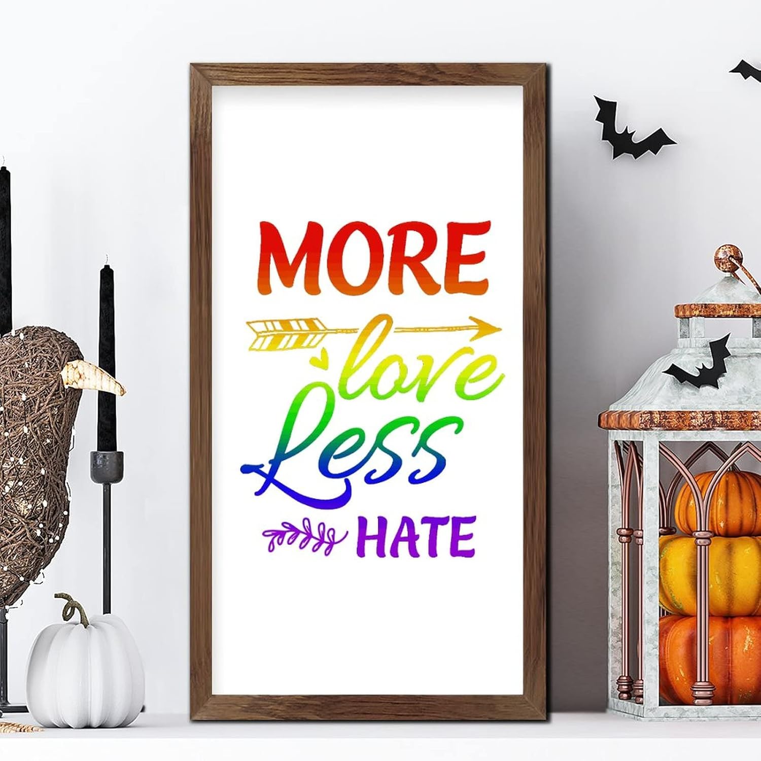 LGBTQ Pride Framed Wooden Sign More Love Less Hate 22x12 In