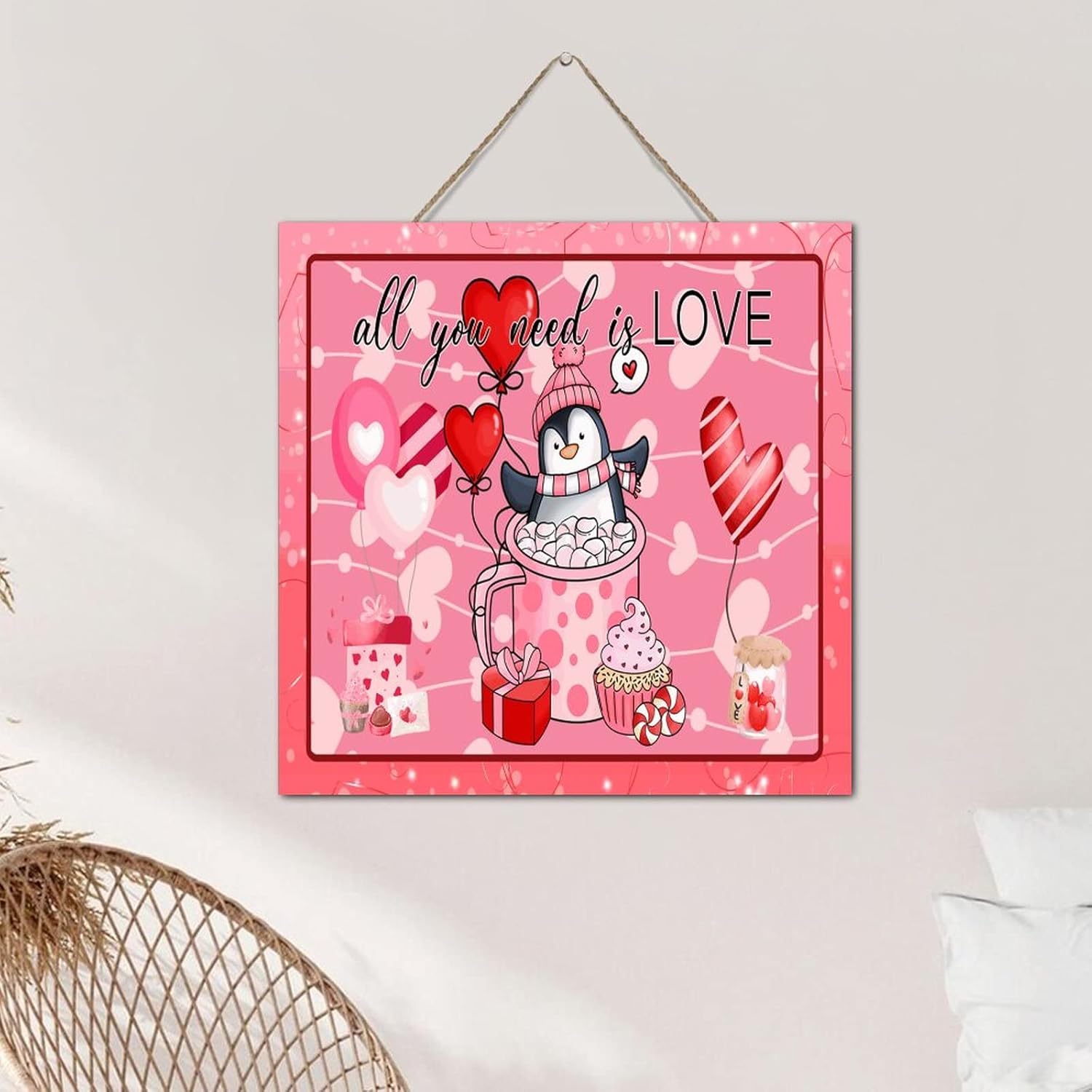 Autravelco Cute Penguin Valentines Day Wooden Sign