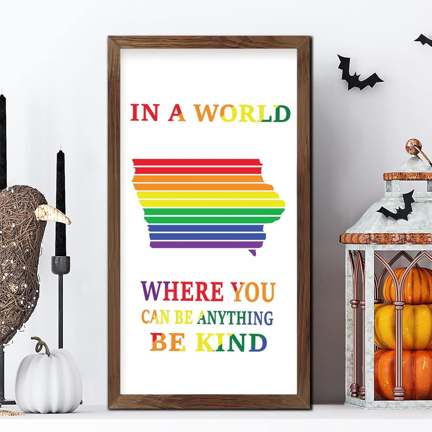 Rainbow Progress Pride Wood Framed Wall Sign 22x12 In