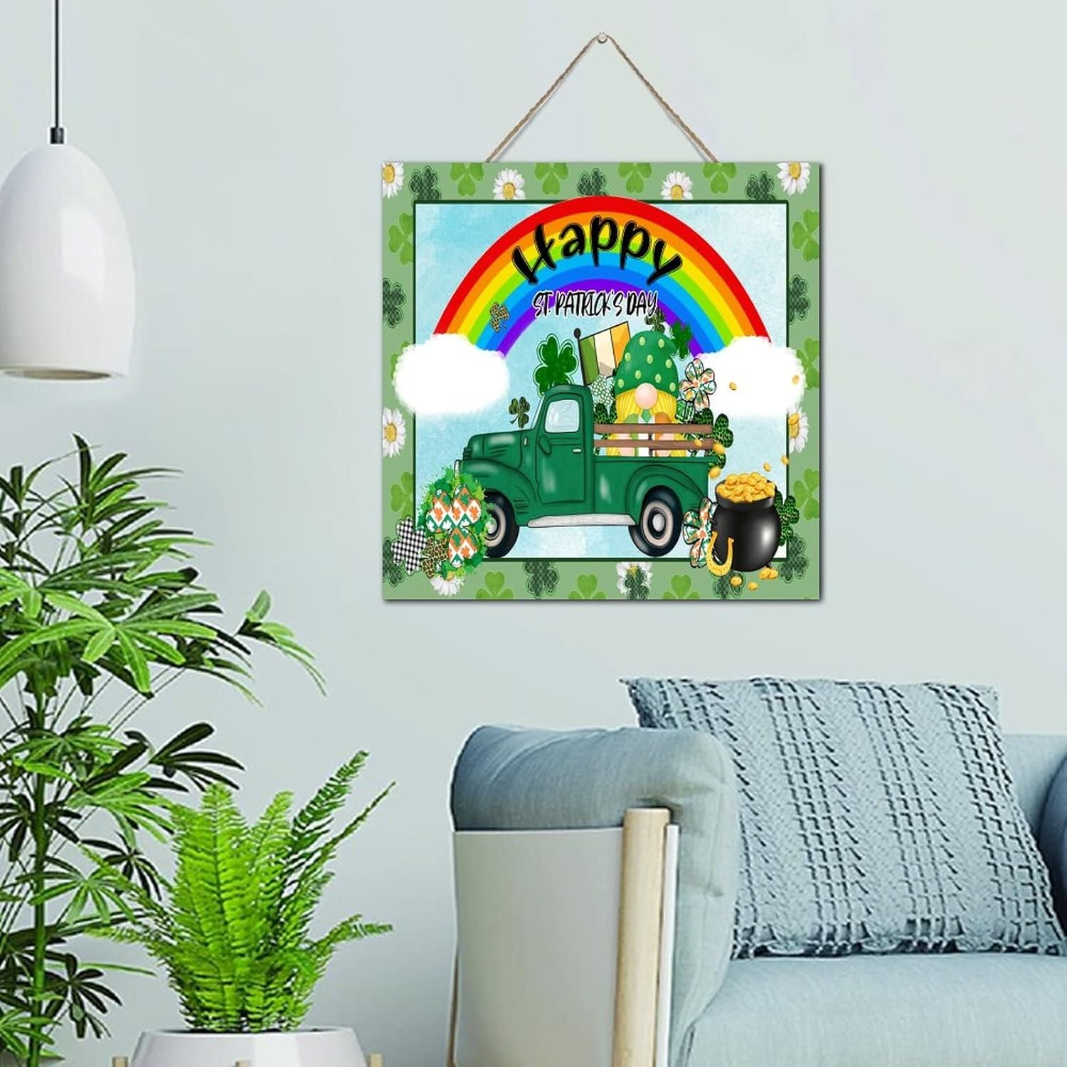 St Patricks Day Green Shamrock Gnomes Wall Decor Sign