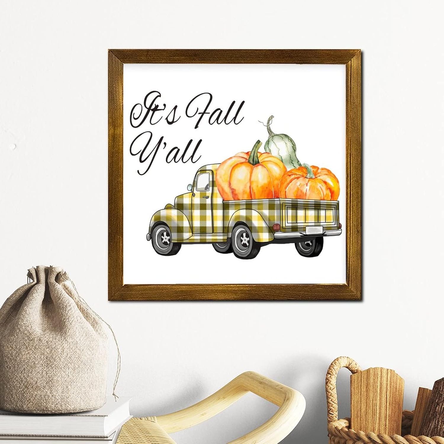 Fall-Themed Yellow Plaid Pumpkin Truck Wooden Wall Sign