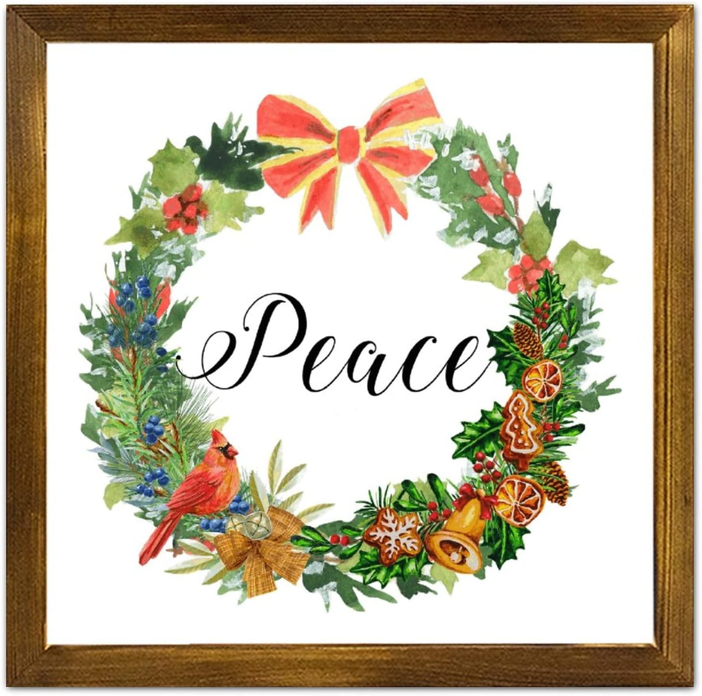 Wood Sign Peace Pine Nut Wreath Framed Wall Art 12x12in