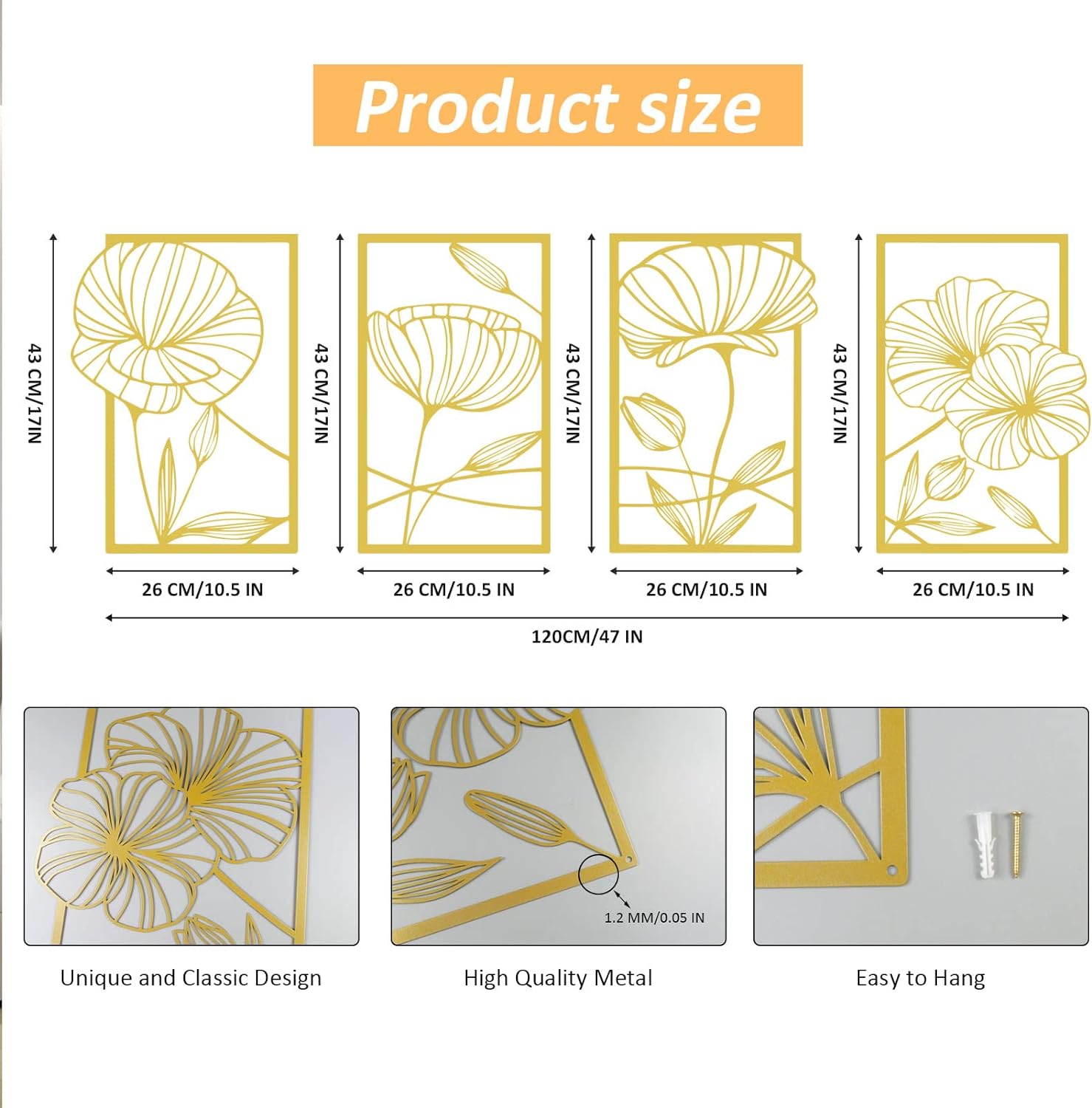 ESTART 4 Piece Gold Metal Lotus Wall Decor
