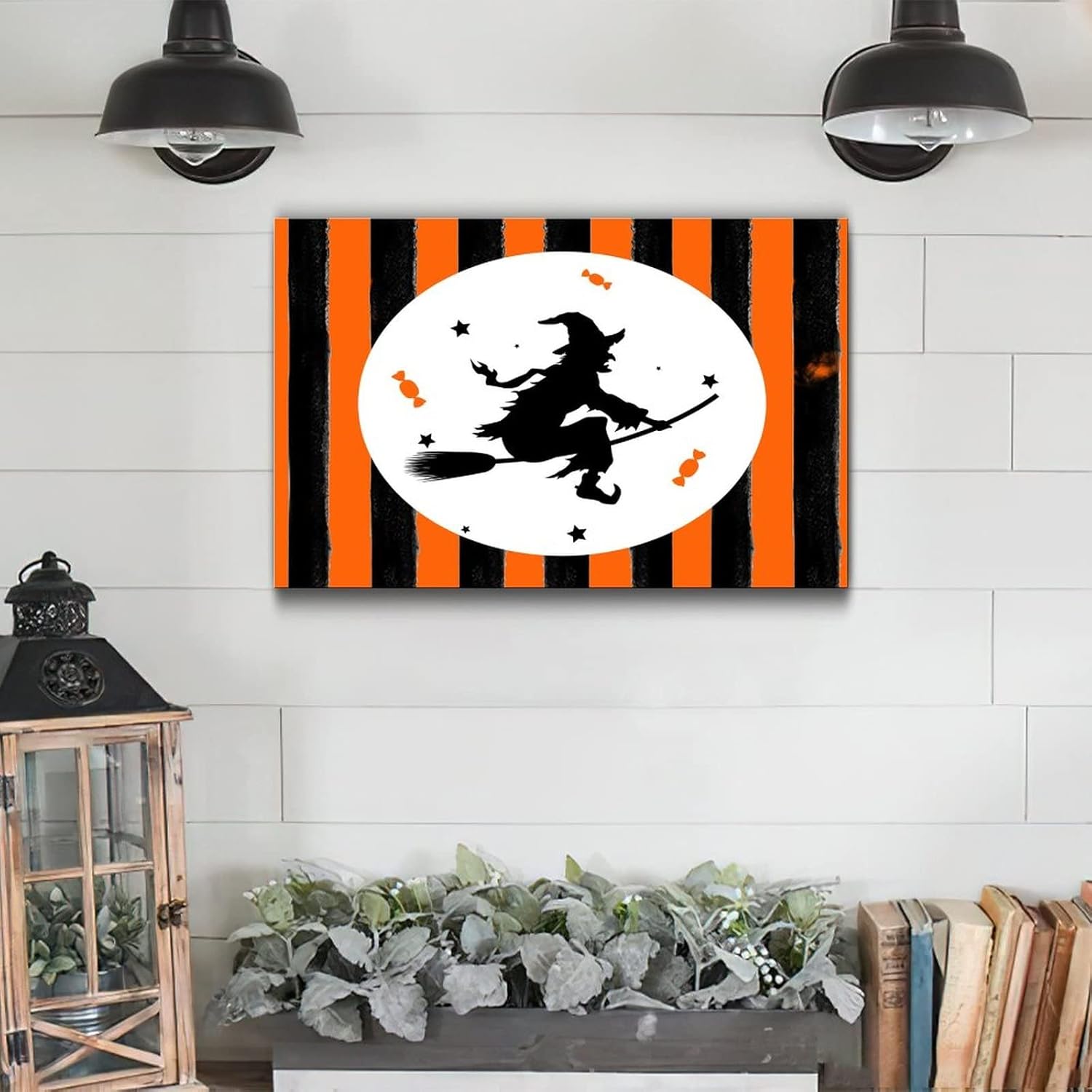Happy Halloween Wood Plaque with Orange Black Pumpkins and Cat Witch