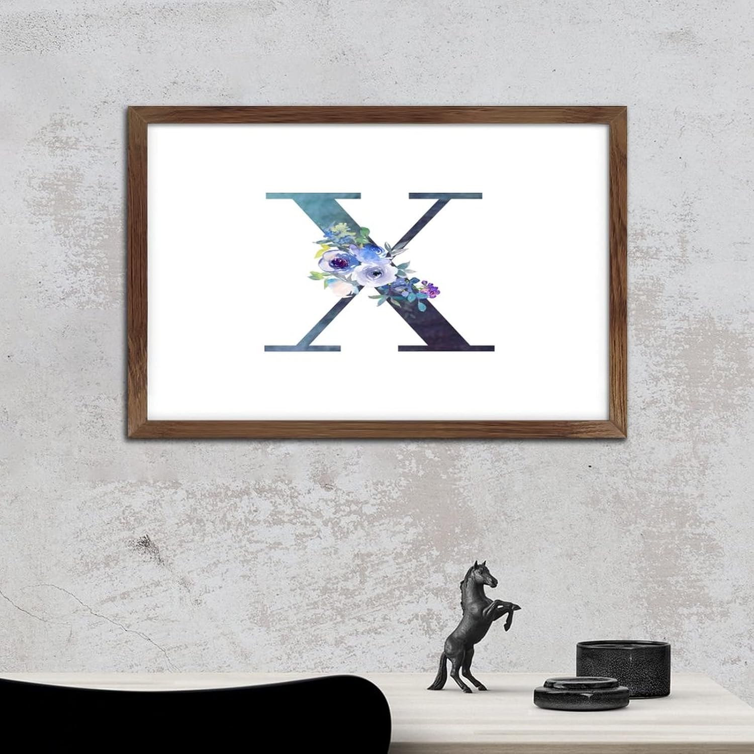 Initial Letter X Blue Monogram Wood Framed Sign Wall Decor