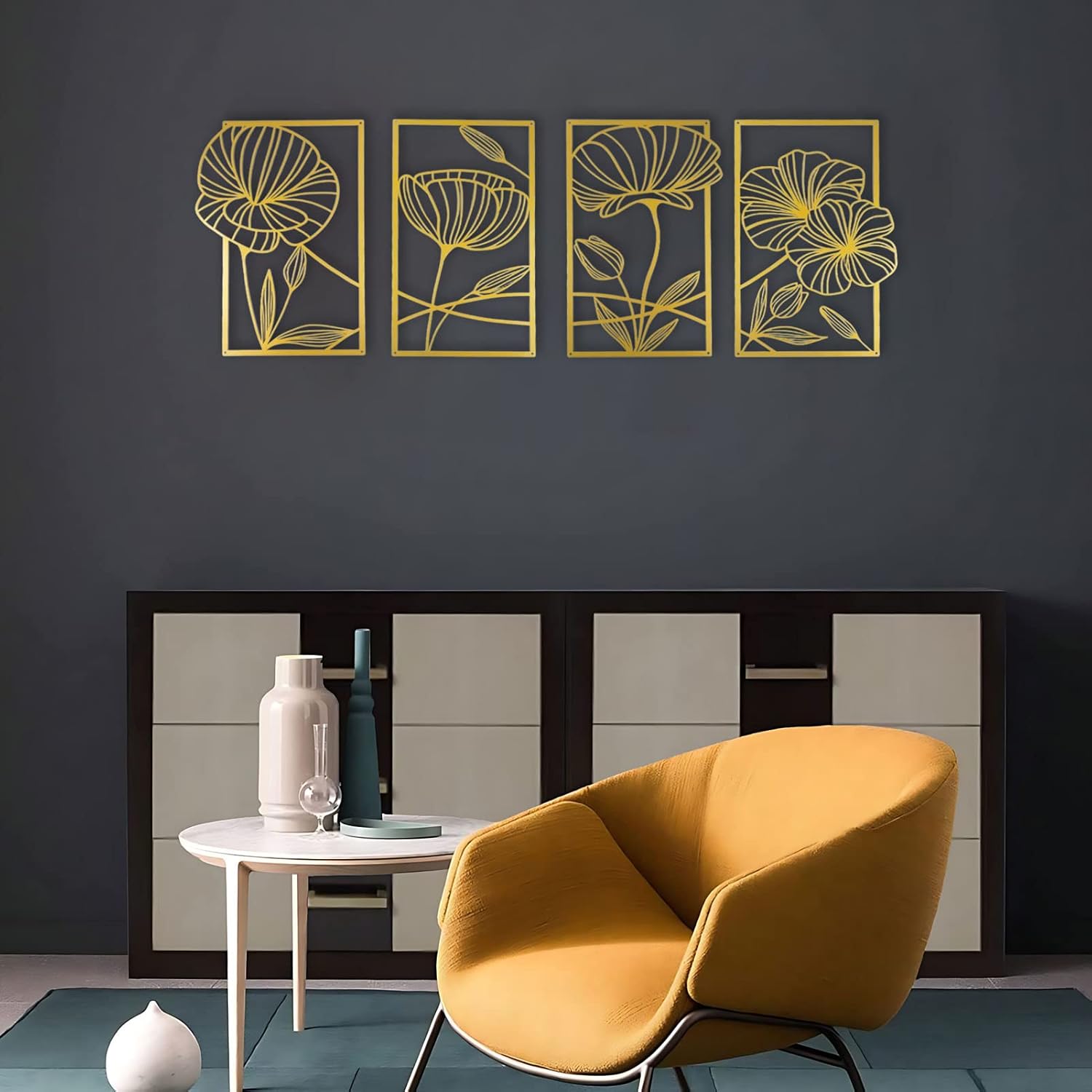 ESTART 4 Piece Gold Metal Lotus Wall Decor