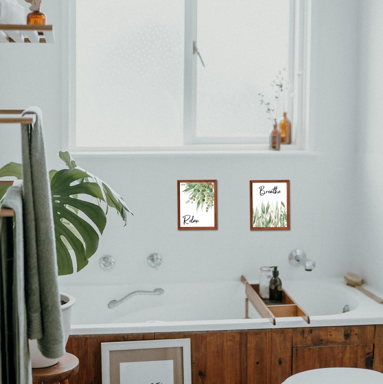 4 Piece Bathroom Wall Decor Boho Leaf Print Wooden Signs