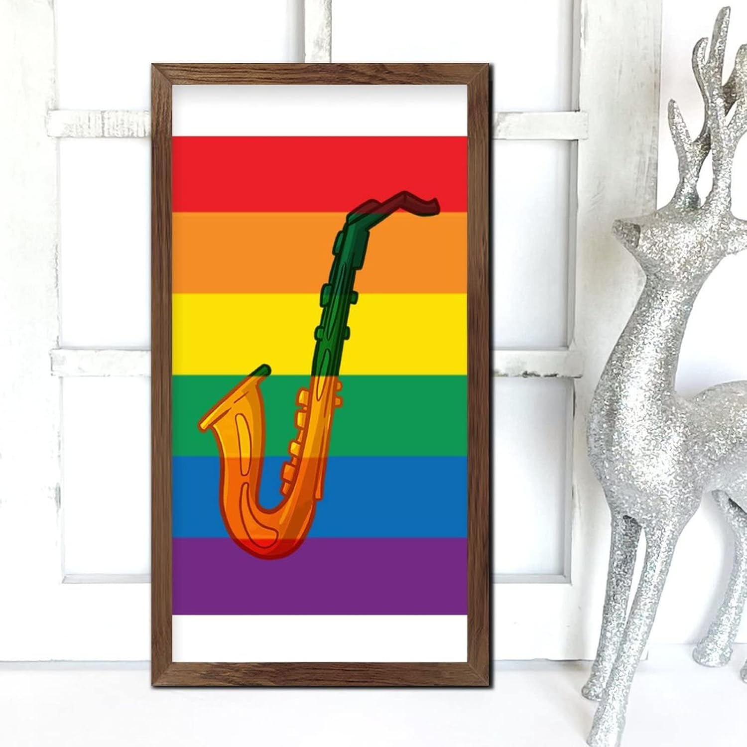 Rainbow Saxophone Wood Framed Wall Sign 22x12 In