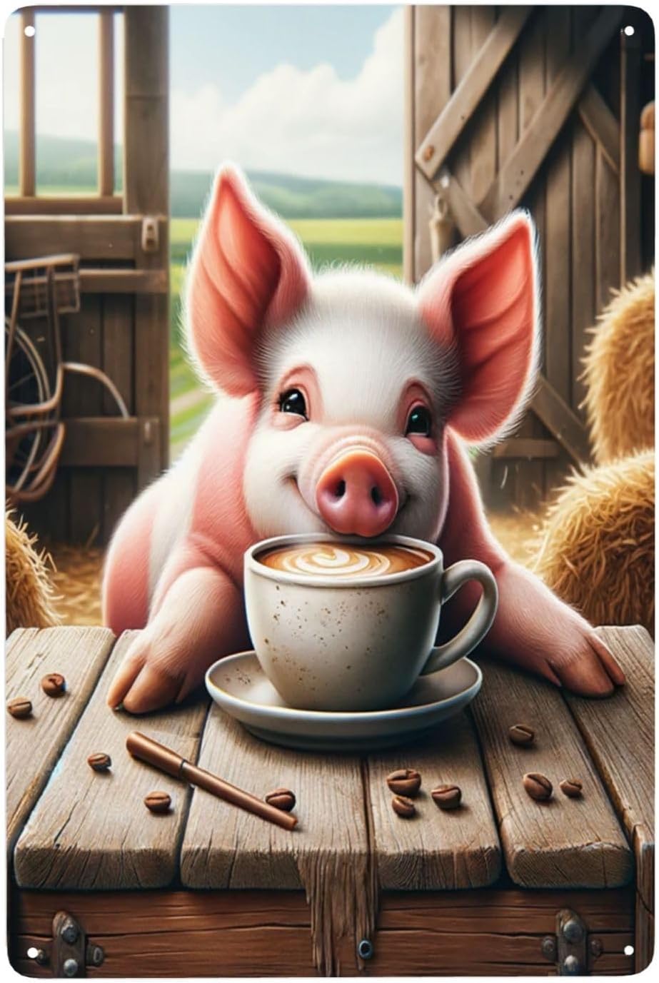 Farmhouse Pig Coffee Time Tin Sign Wall Art Decor