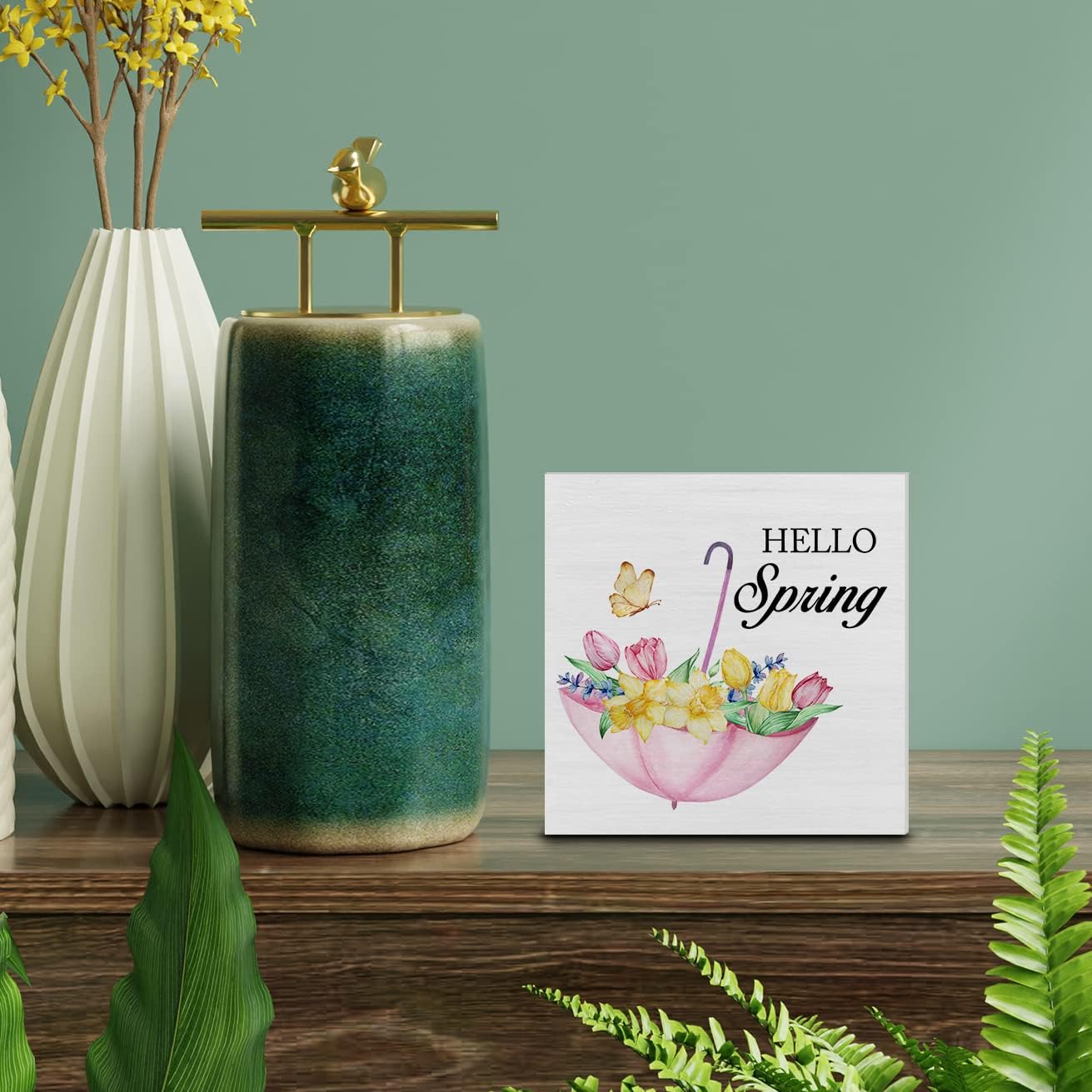 Country Farmhouse Hello Spring Flowers Wood Box Sign Decor