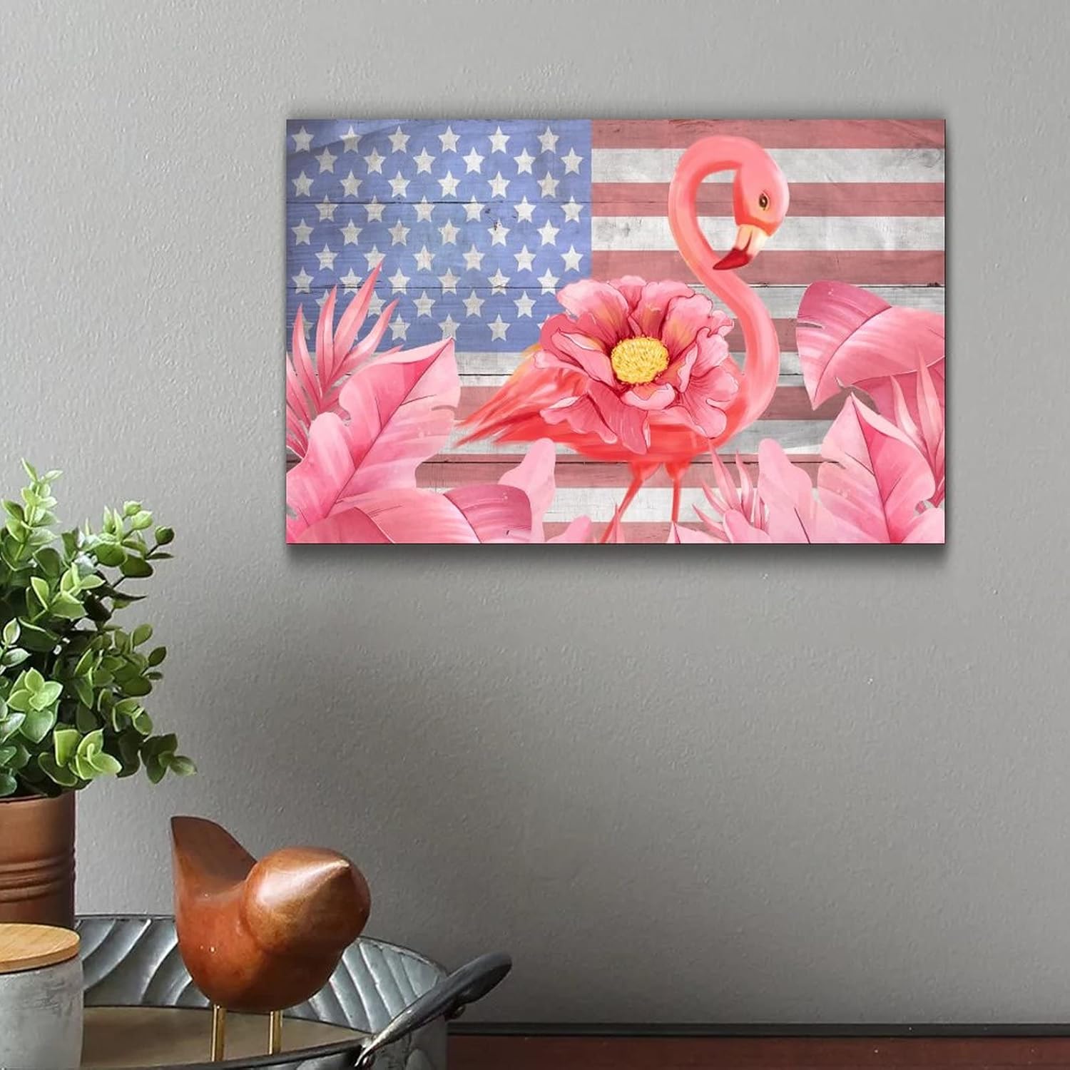 Pink Flamingo Flower 4th of July Wooden Sign