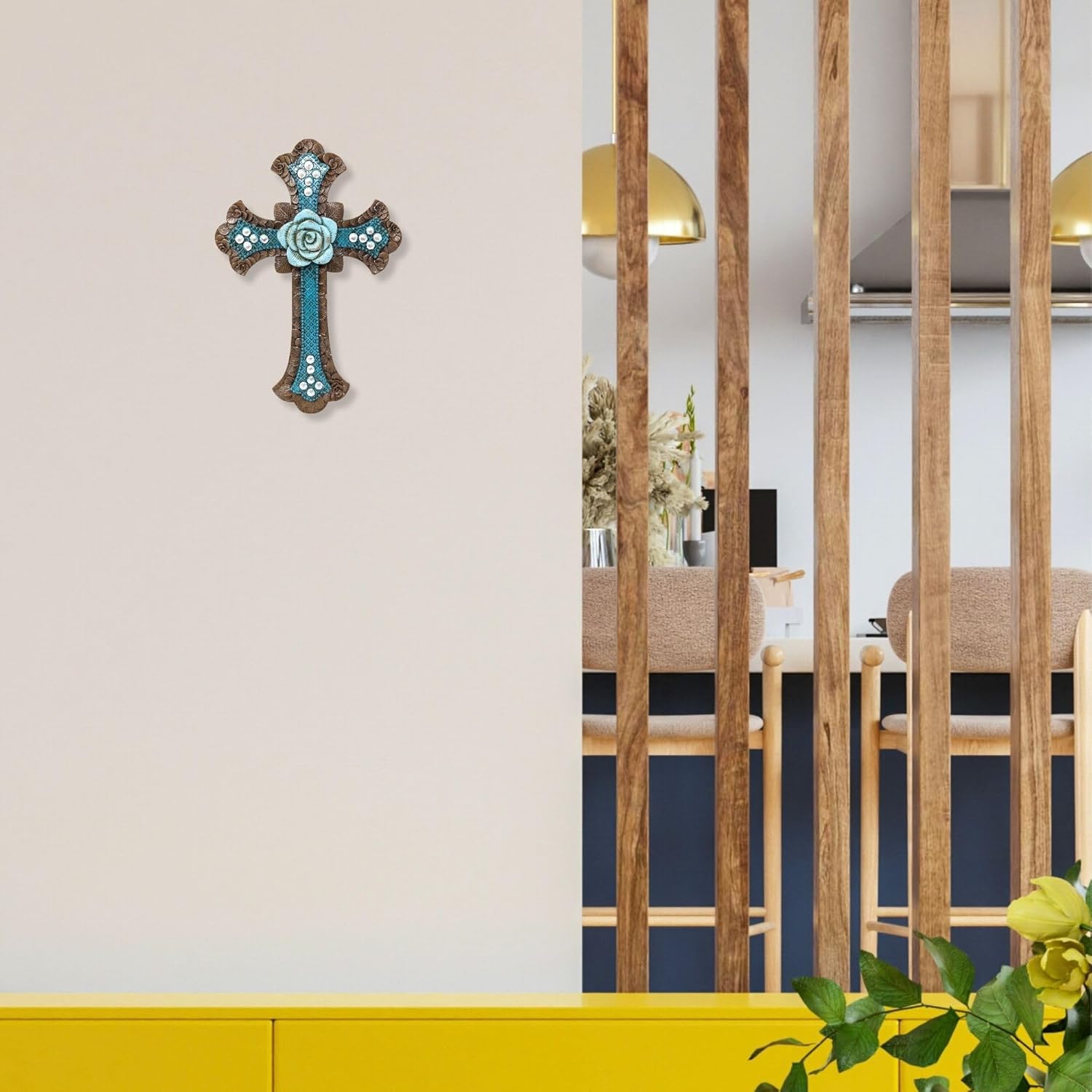 BestGiftEver Decorative Blue Wall Cross with Floral Center