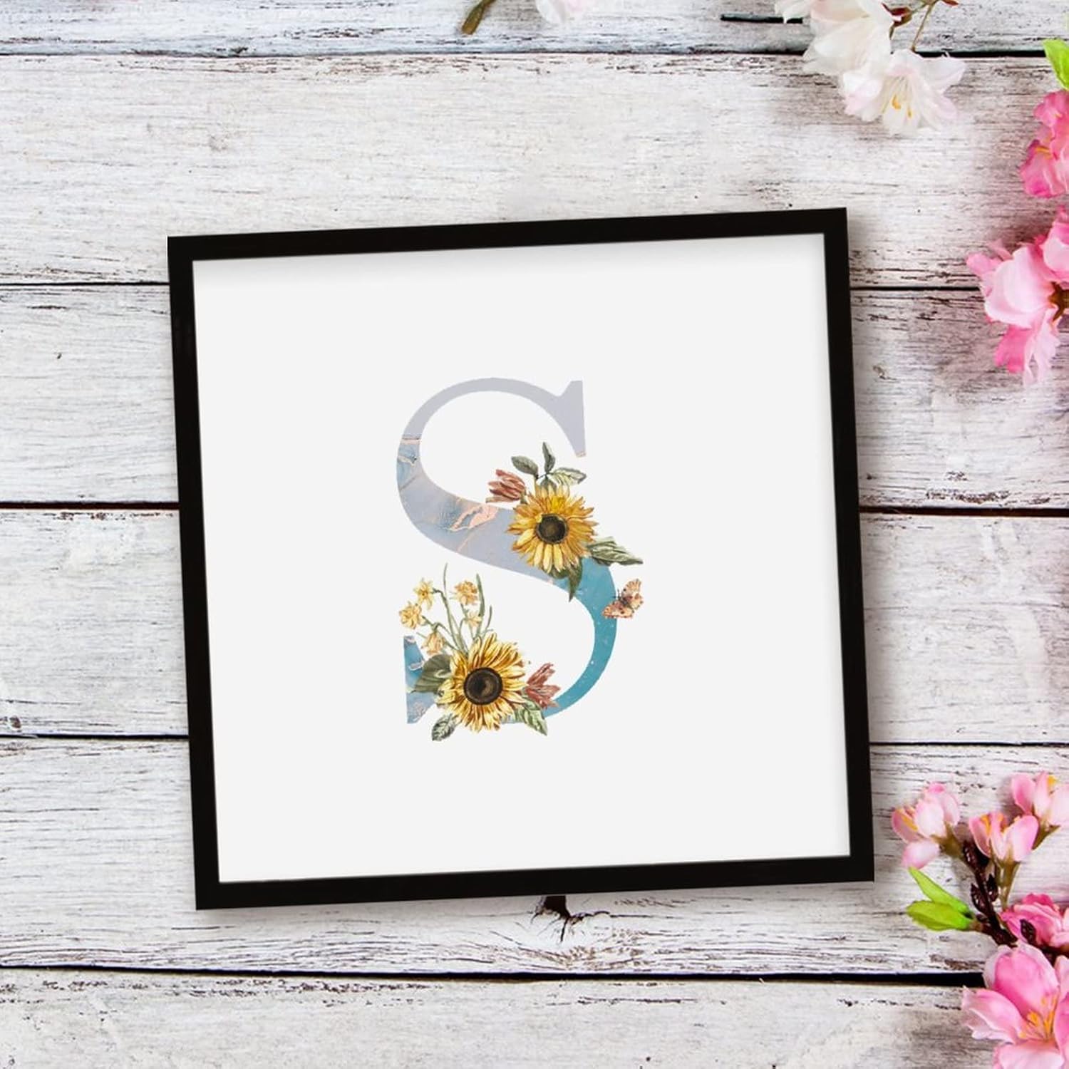 Sunflower Marble Initial Letter S Wood Sign Wall Art