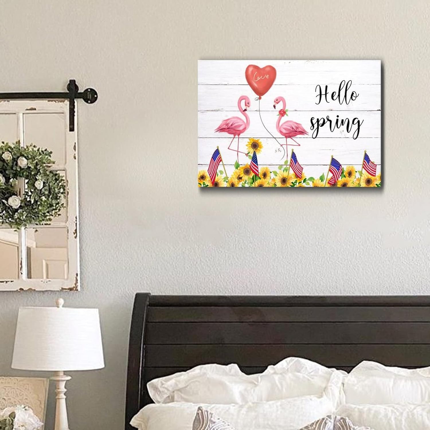 Wooden Flamingo Happy Life Sunflower Wall Hanging