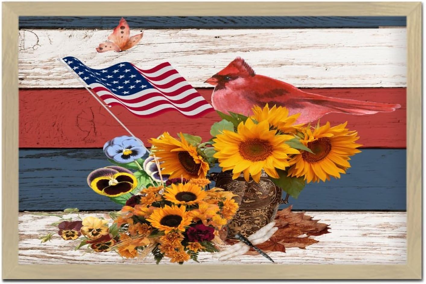 4th of July Patriotic Sunflower Cardinal Framed Wooden Sign 8x12in