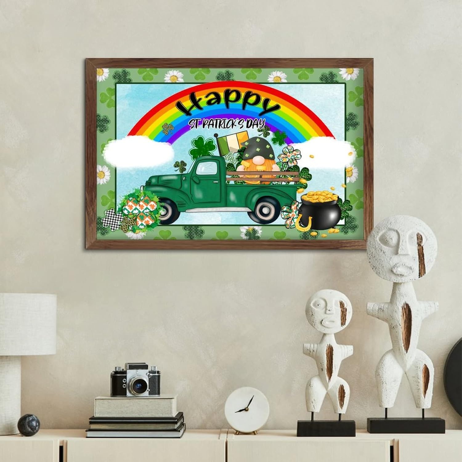 Rustic Wood Framed St Patricks Day Sign with Green Shamrock Gnomes