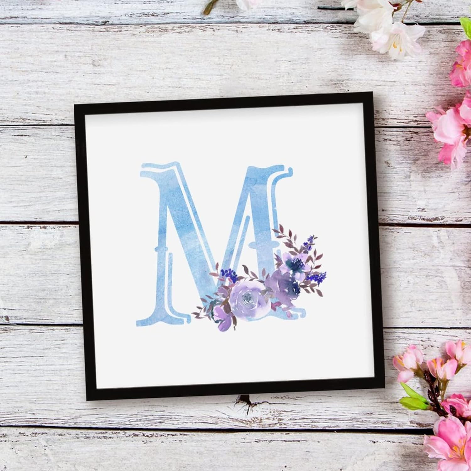 Purple Floral Blue Initial Letter M Wood Sign
