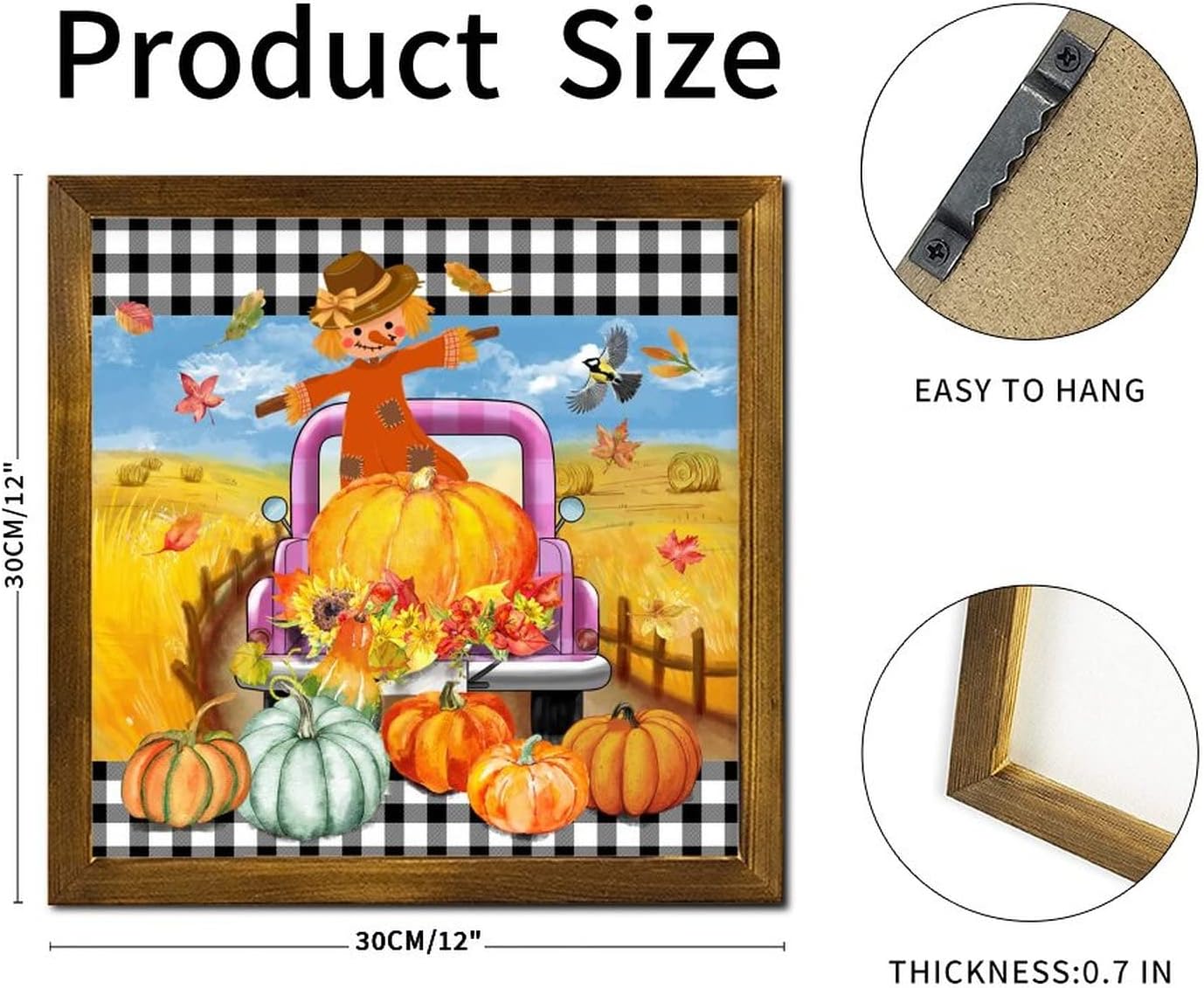 Thanksgiving Scarecrow Plaid Truck Framed Wood Sign