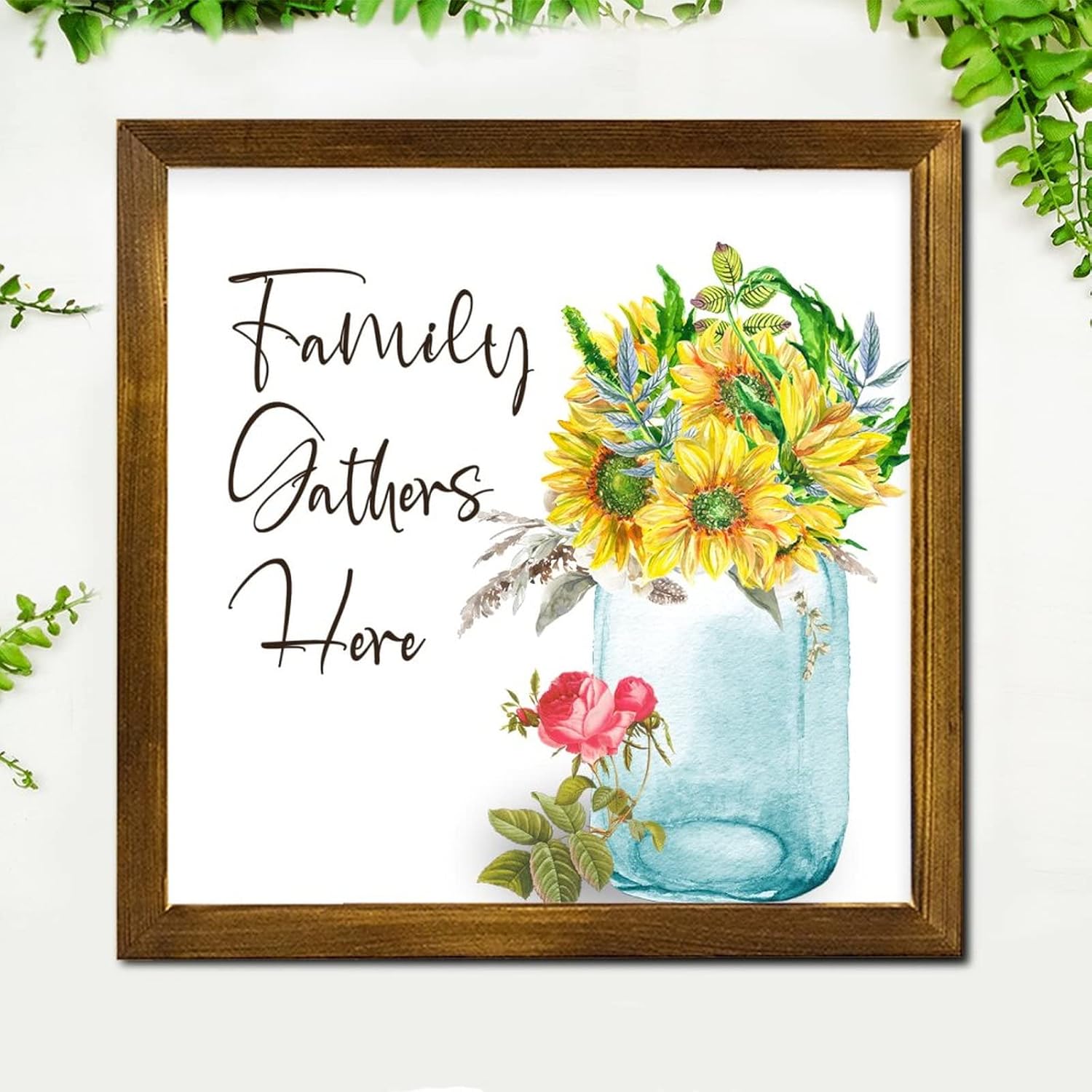 Family Gathers Here Wood Framed Spring Sunflower Wall Decor