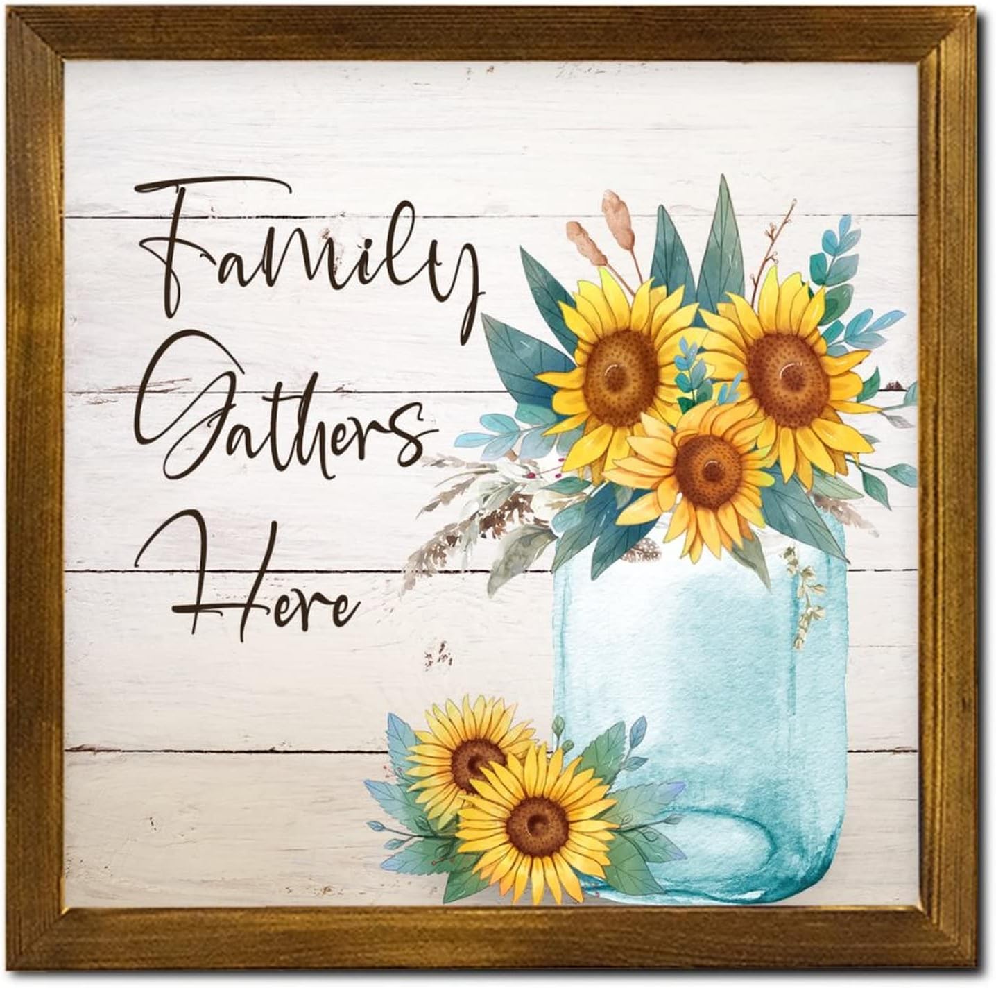 Family Gathers Here 12x12 Inch Farmhouse Wooden Wall Sign