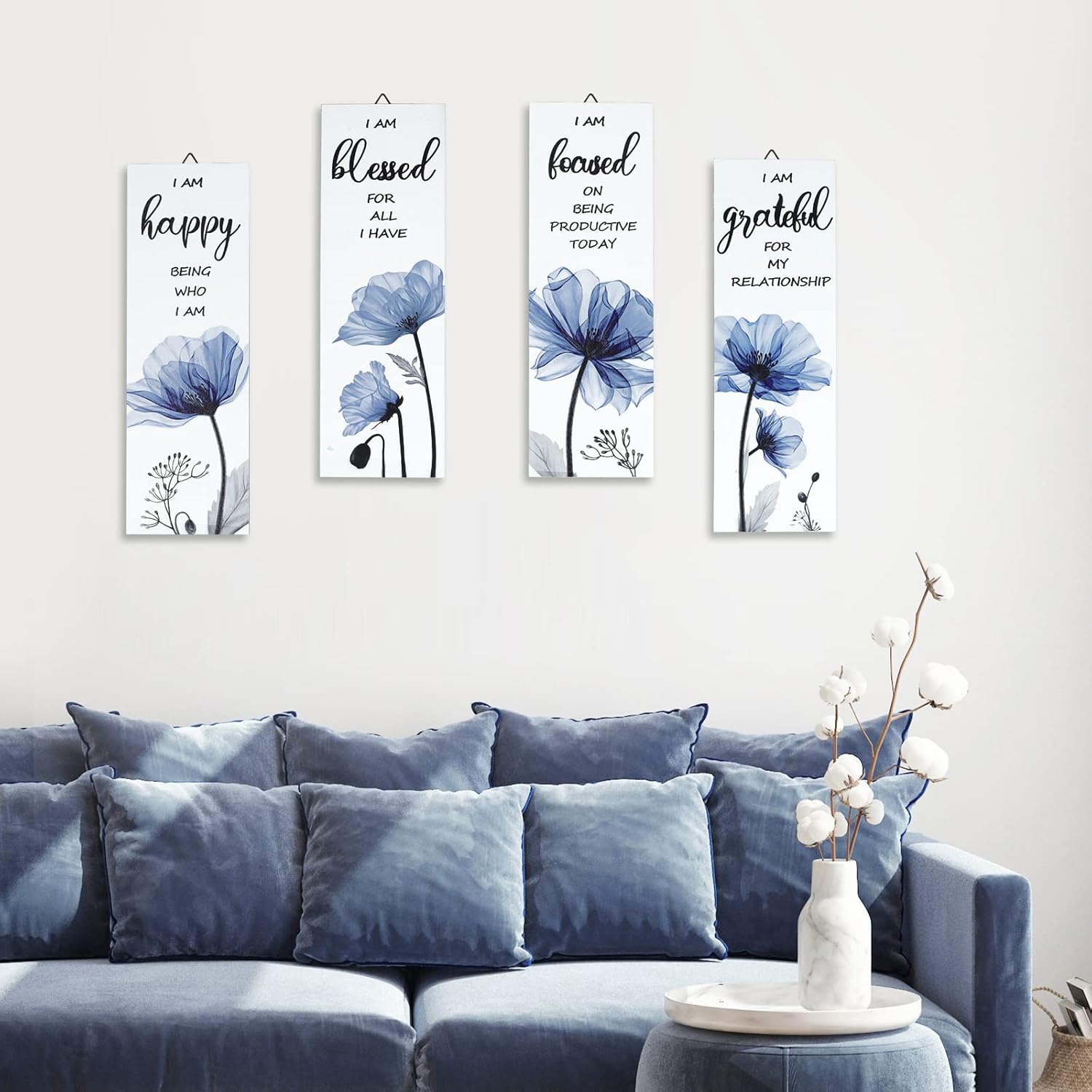 Decalmile 4 Piece Blue Flower Wooden Wall Sign Set