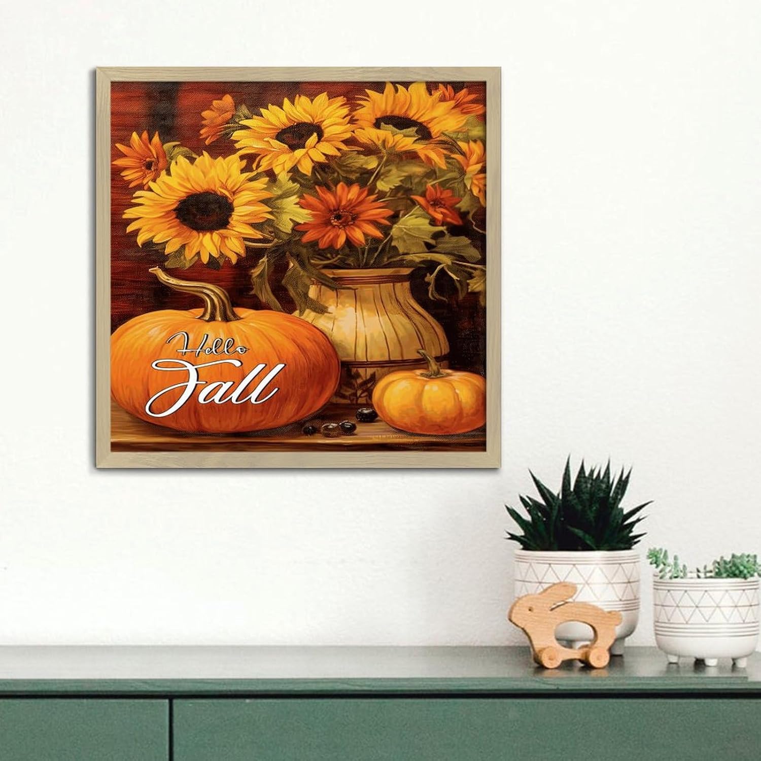Hello Fall Rustic Framed Wall Art 12x12in Wood Sign with Sayings