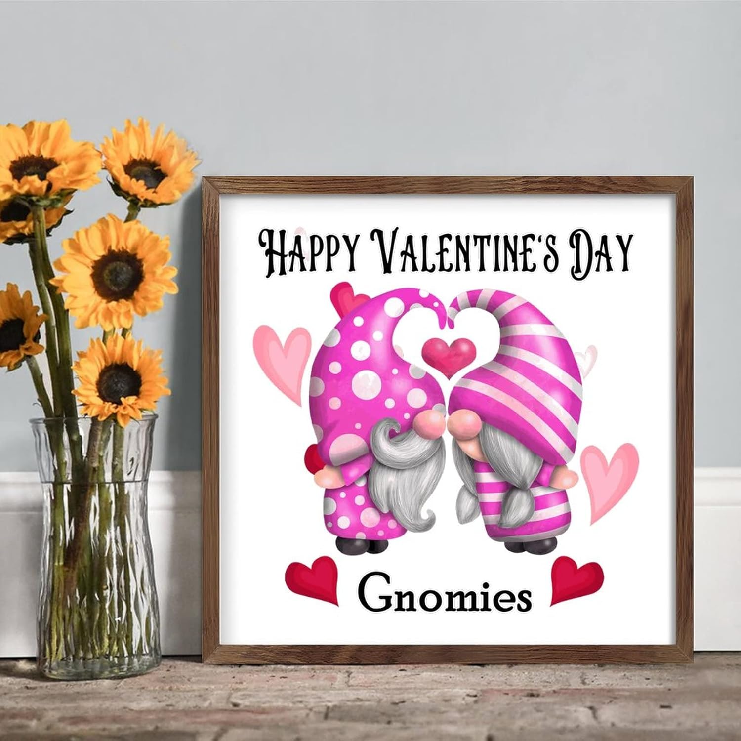 Happy Valentines Day Cute Gnomies with Heart Wood Framed Sign Wall Art