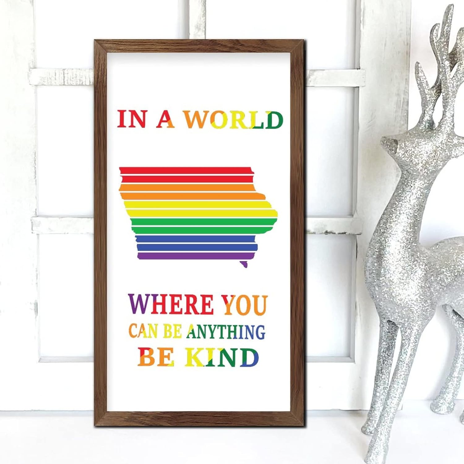 Rainbow Progress Pride Wood Framed Wall Sign 22x12 In