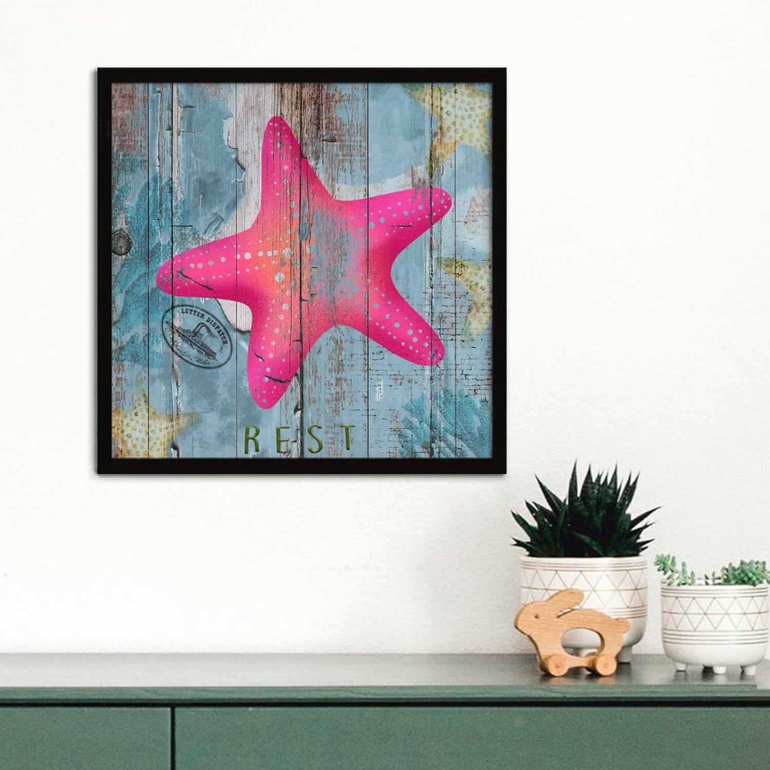 Hanging Wood Framed Wall Decor Sign Starfish Nautical Theme